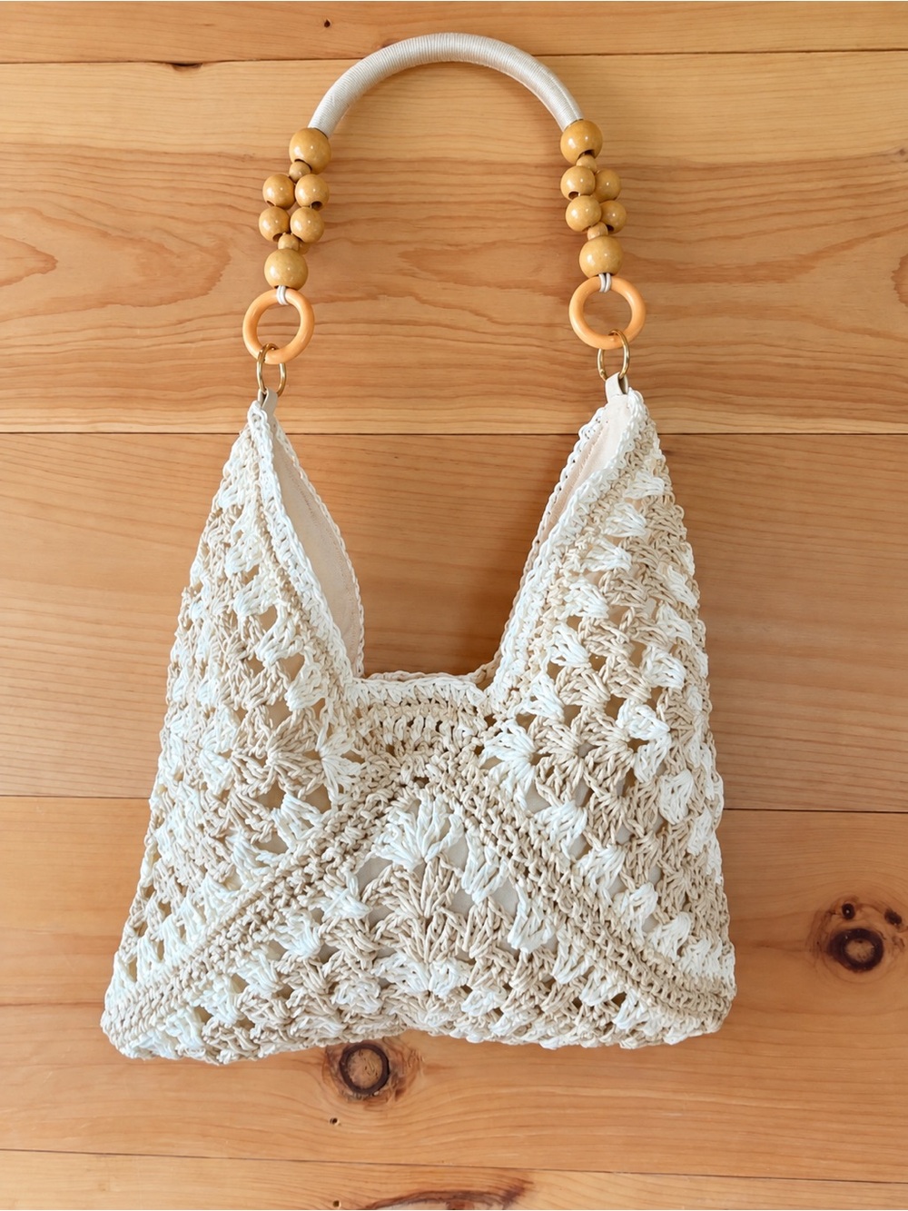 Beaded Handle Crochet Tote Bag in Cream boho